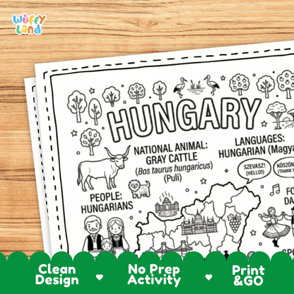Cultural coloring page featuring traditional Hungarian embroidered folk attire, ceramics, folk dance, and Szevasz greeting speech bubbles