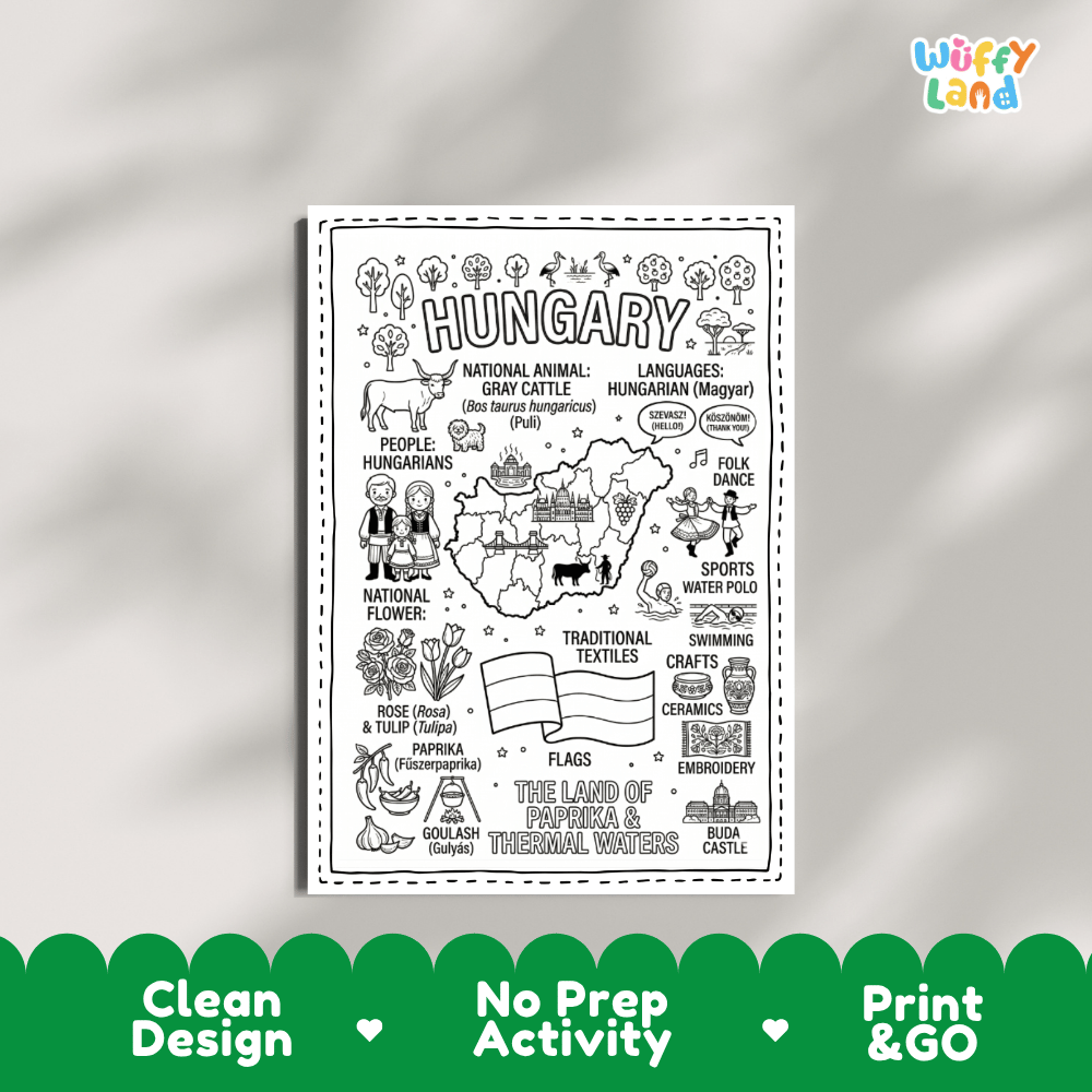 Educational activity coloring page highlighting Hungary Gray Cattle, Puli dog, red paprika, tulip, and rose flowers