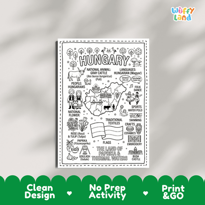 Educational activity coloring page highlighting Hungary Gray Cattle, Puli dog, red paprika, tulip, and rose flowers