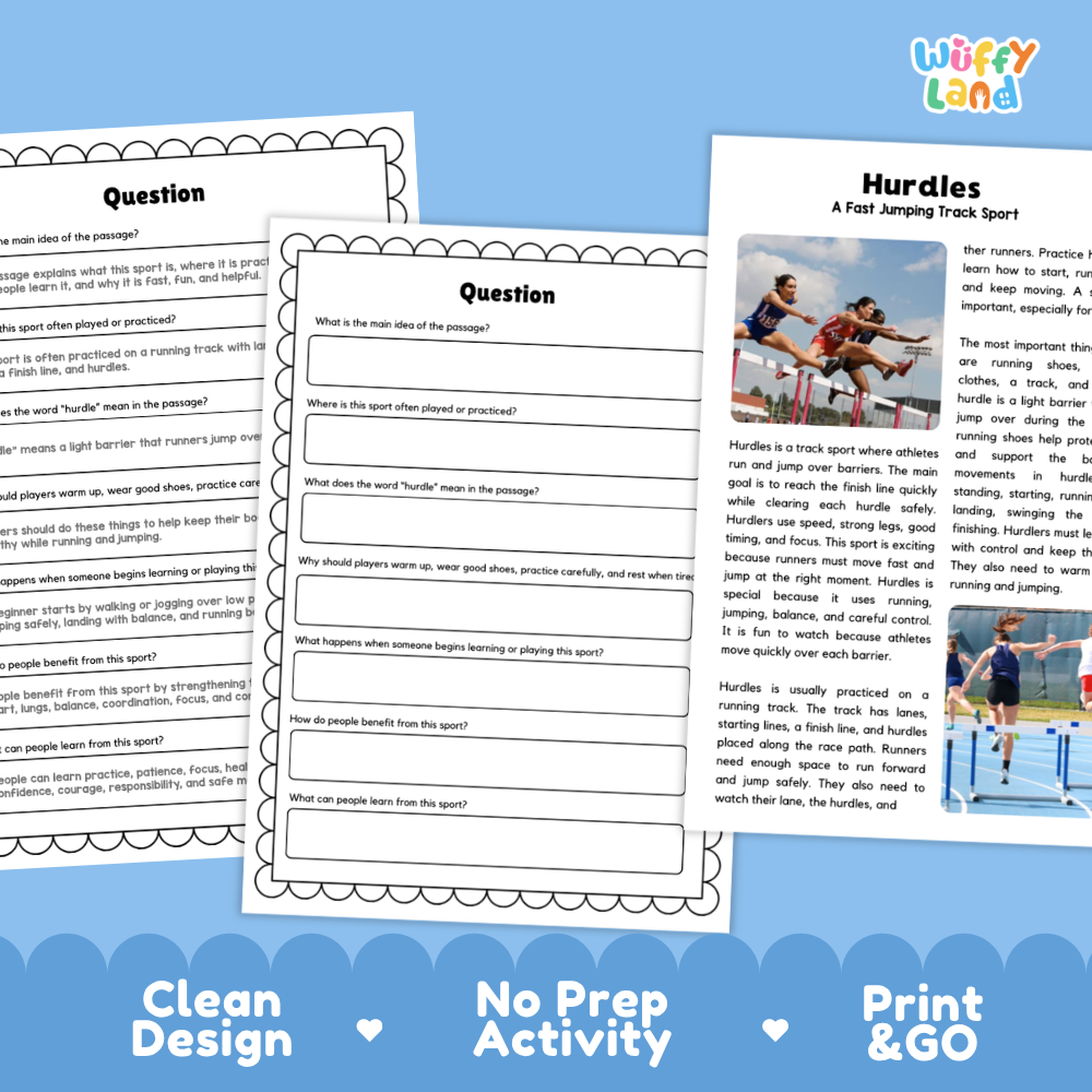 Hurdles Sports Reading Passage and Comprehension Questions Worksheets
