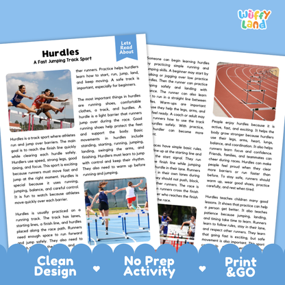 Hurdles Sports Reading Passage and Comprehension Questions Worksheets