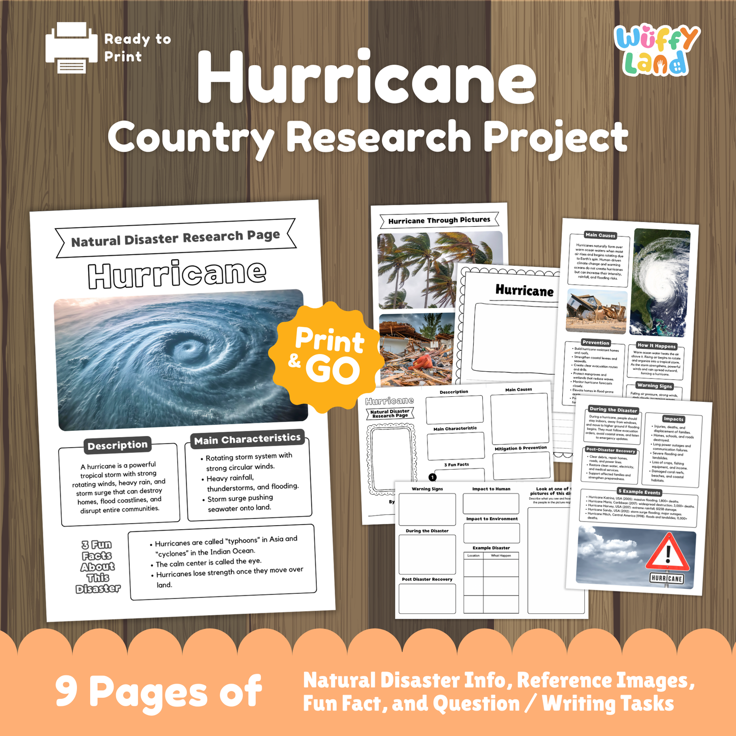 Printable hurricane research project resource for students featuring a main hurricane information page, storm characteristics and description sections, hurricane photos, causes and prevention worksheets, impacts and recovery pages, and structured research templates for elementary and middle school learners.