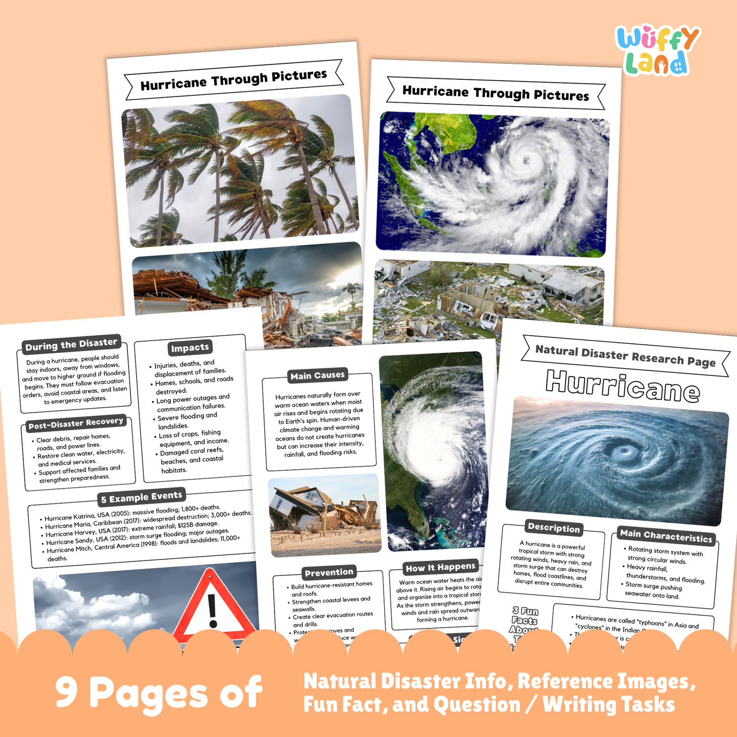 Printable hurricane research project resource for students featuring a main hurricane information page, storm characteristics and description sections, hurricane photos, causes and prevention worksheets, impacts and recovery pages, and structured research templates for elementary and middle school learners.