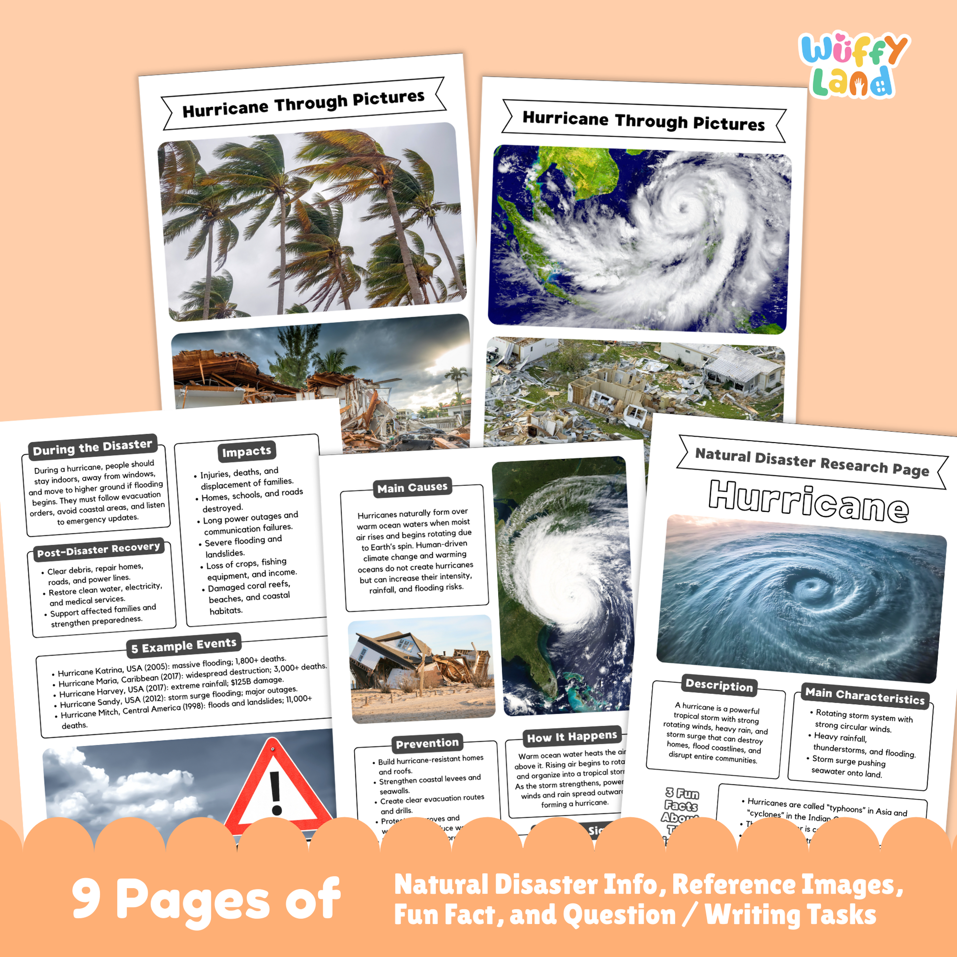 Printable hurricane research project resource for students featuring a main hurricane information page, storm characteristics and description sections, hurricane photos, causes and prevention worksheets, impacts and recovery pages, and structured research templates for elementary and middle school learners.