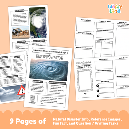 Printable hurricane research project resource for students featuring a main hurricane information page, storm characteristics and description sections, hurricane photos, causes and prevention worksheets, impacts and recovery pages, and structured research templates for elementary and middle school learners.