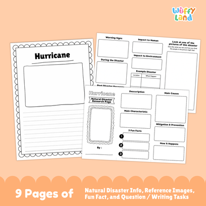 Printable hurricane research project resource for students featuring a main hurricane information page, storm characteristics and description sections, hurricane photos, causes and prevention worksheets, impacts and recovery pages, and structured research templates for elementary and middle school learners.