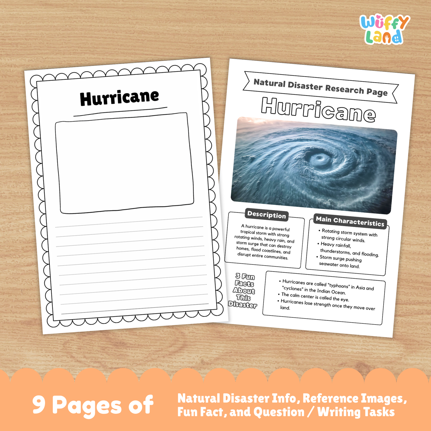 Printable hurricane research project resource for students featuring a main hurricane information page, storm characteristics and description sections, hurricane photos, causes and prevention worksheets, impacts and recovery pages, and structured research templates for elementary and middle school learners.