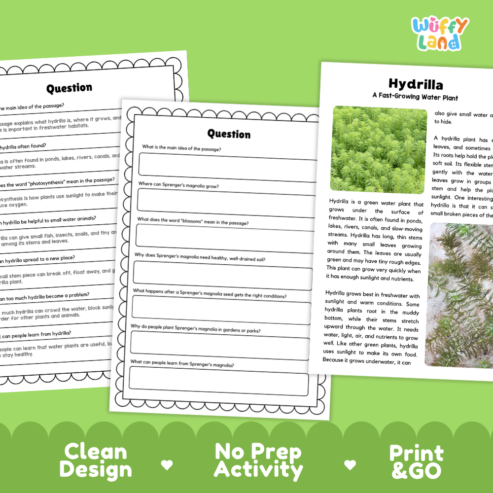 Hydrilla Plant Reading Passages Worksheets and Comprehension Activity