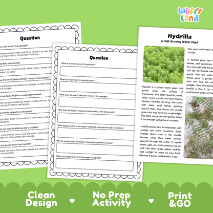 Hydrilla Plant Reading Passages Worksheets and Comprehension Activity