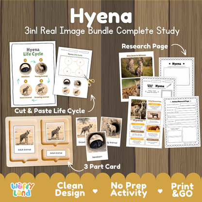 Hyena 3-in-1 real image bundle complete study cover showing cut and paste life cycle, 3 part cards, and research pages