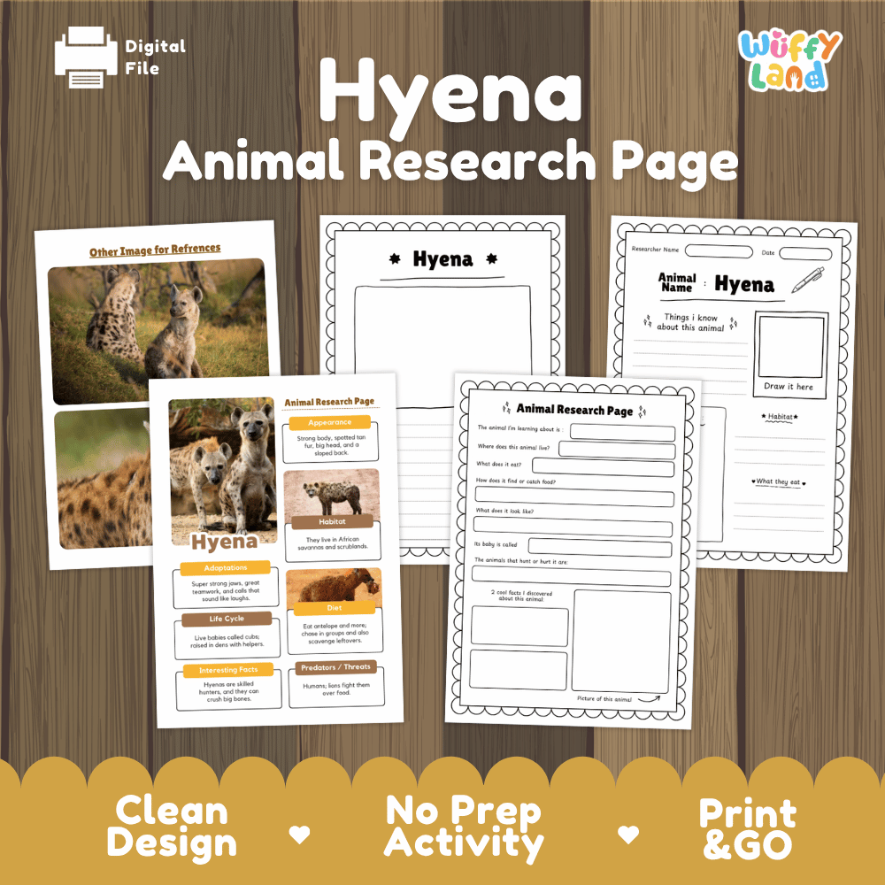 A digital preview of a printable 'Hyena Animal Research Page' activity sheet set by Wiffy Land, displayed on a wood-grain background with promotional text at the bottom.