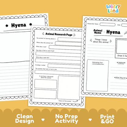 Hyena Animal Research Page Graphic Organizers and Worksheets