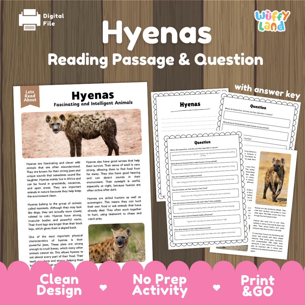 Digital reading activity sheet set titled 'Hyenas' on a wood background, showing a reading passage with a hyena photo, worksheet pages with answer key, and pink promotional badges reading 'Clean Design', 'No Prep Activity', and 'Print & GO'.