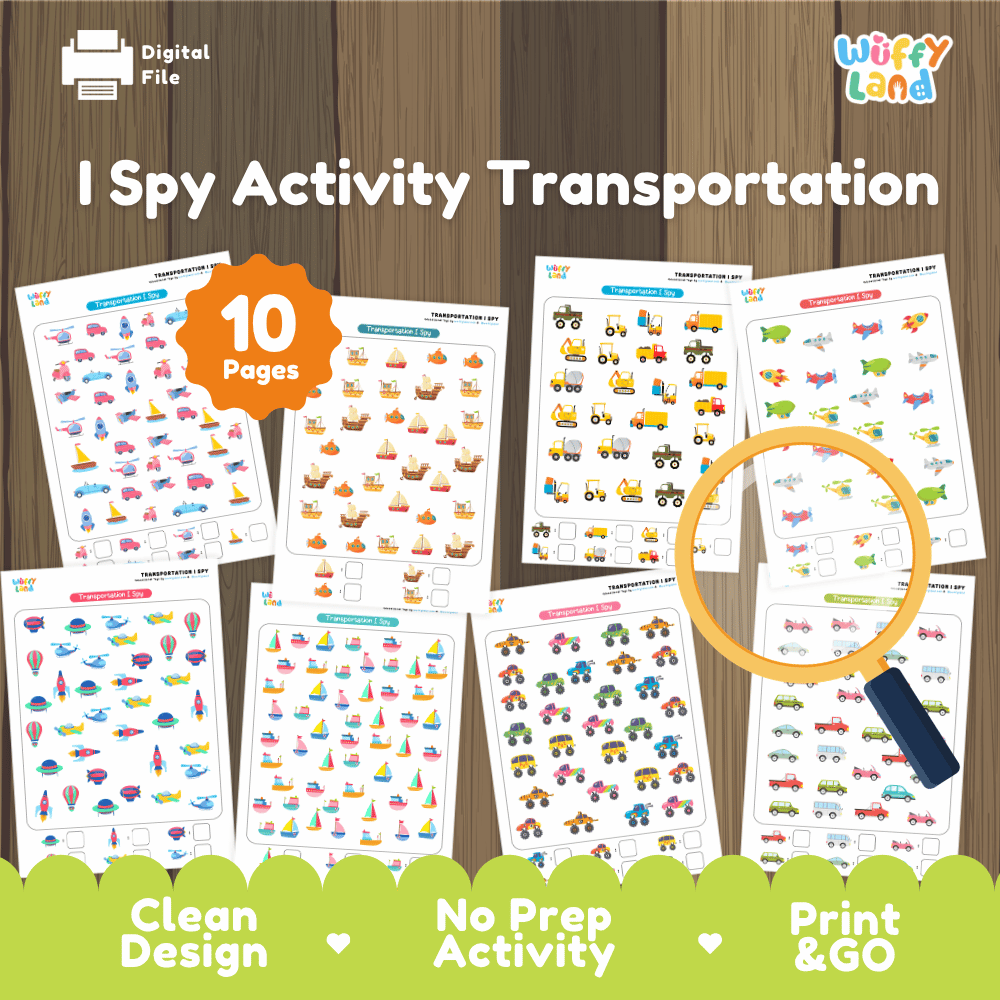 I Spy activity transportation printable counting and visual discrimination worksheets pack overview from Wuffy Land featuring 10 pages 🚗✈️