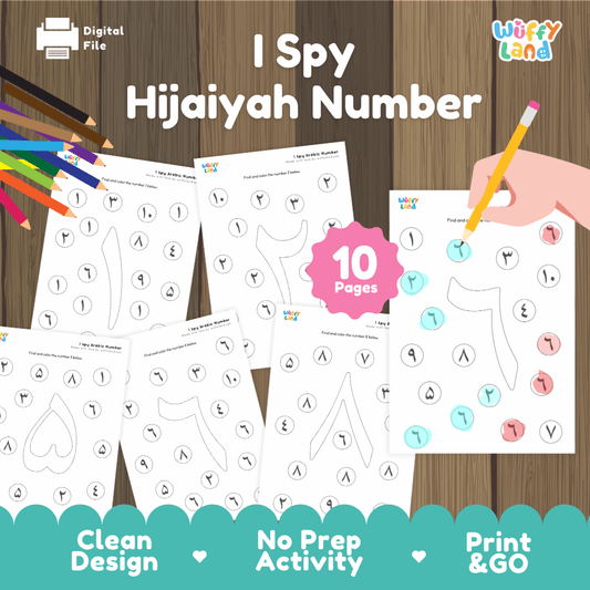 I spy Hijaiyah number printable Arabic numerals recognition and search activity pack overview from Wuffy Land featuring 10 pages 🌙🔢