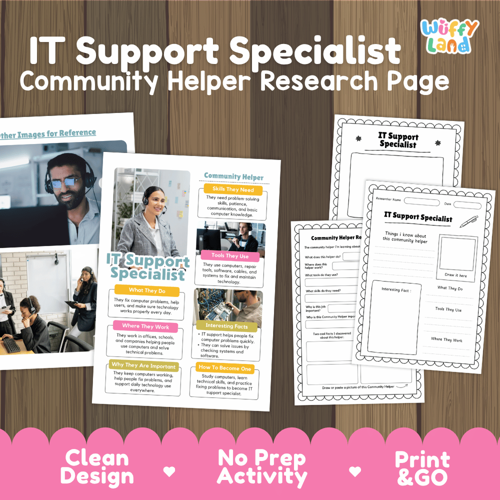 IT support specialist community helper research page writing worksheets pack featuring real photos and student activity pages for elementary social studies and technology