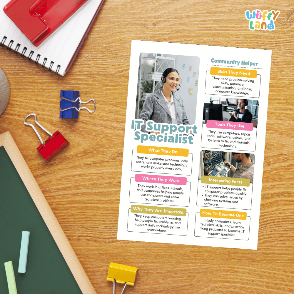 Guided student writing worksheets with lined sections for recording facts and a dedicated box for drawing or pasting a picture of an IT support specialist