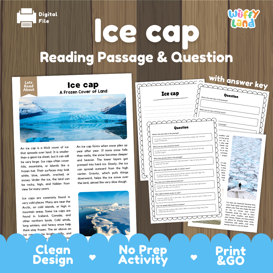 Ice cap reading comprehension passage and questions printable activity pack with answer key for elementary students
