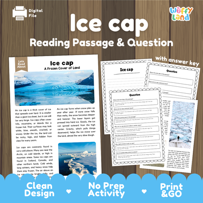 Ice cap reading comprehension passage and questions printable activity pack with answer key for elementary students