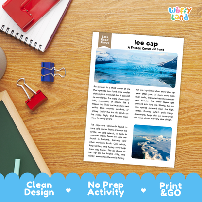 Student reading comprehension worksheet with short-answer questions and handwriting lines about ice caps