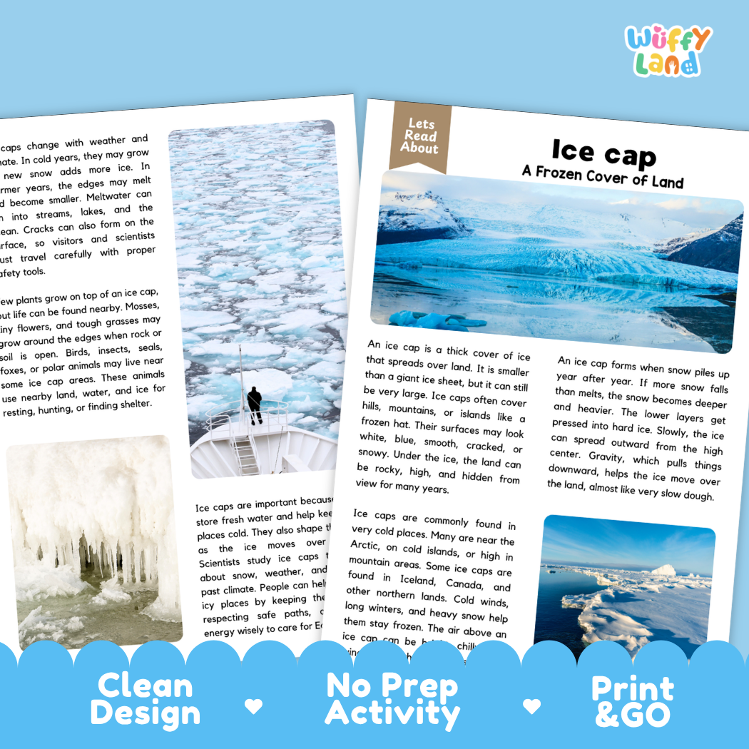 Teacher answer key page showing complete question solutions for ice cap reading comprehension practice