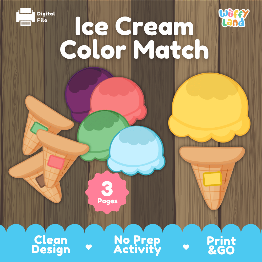 Ice cream color match printable toddler color sorting activity pack overview from Wuffy Land featuring 3 activity pages 🍦✨