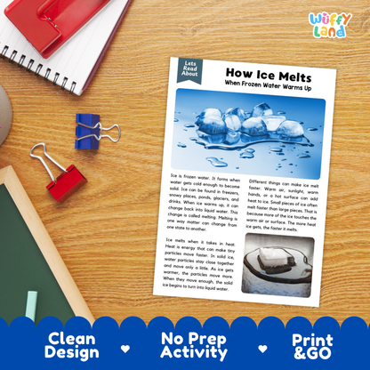 Printable student worksheet with short-answer reading comprehension questions covering melting and states of matter
