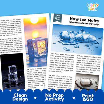 Complete teacher answer key worksheet providing detailed model responses for ice melting comprehension questions