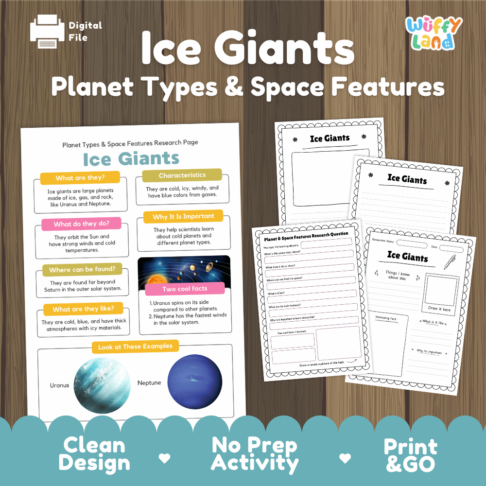 Digital educational activity sheet set about Ice Giants planets and space features, shown on a wood background with the title 'Ice Giants Planet Types & Space Features' and a 'Wiffly Land' logo. The set includes a colorful research page and several worksheet pages.