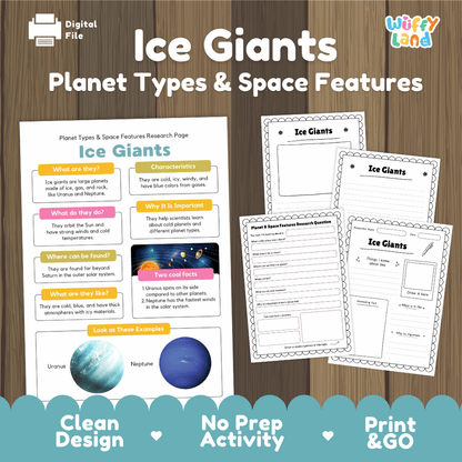 Digital educational activity sheet set about Ice Giants planets and space features, shown on a wood background with the title 'Ice Giants Planet Types & Space Features' and a 'Wiffly Land' logo. The set includes a colorful research page and several worksheet pages.