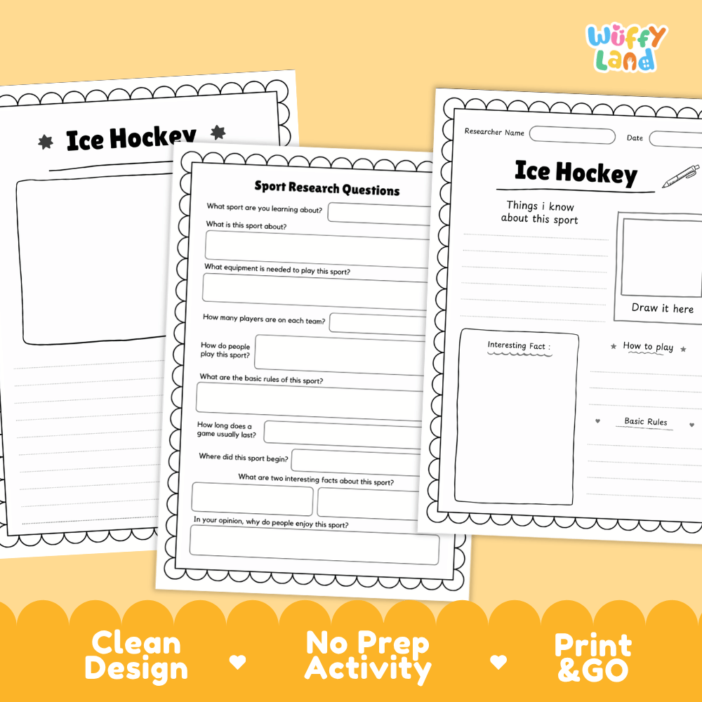 Three printable worksheet pages for ice hockey activity are shown on a warm yellow background. The pages have black outlines and text on white paper, with one page titled 'Ice Hockey' and two activity sheets with writing and drawing areas.
