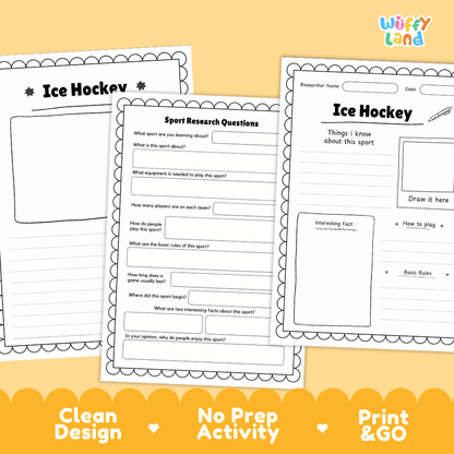 Three printable worksheet pages for ice hockey activity are shown on a warm yellow background. The pages have black outlines and text on white paper, with one page titled 'Ice Hockey' and two activity sheets with writing and drawing areas.