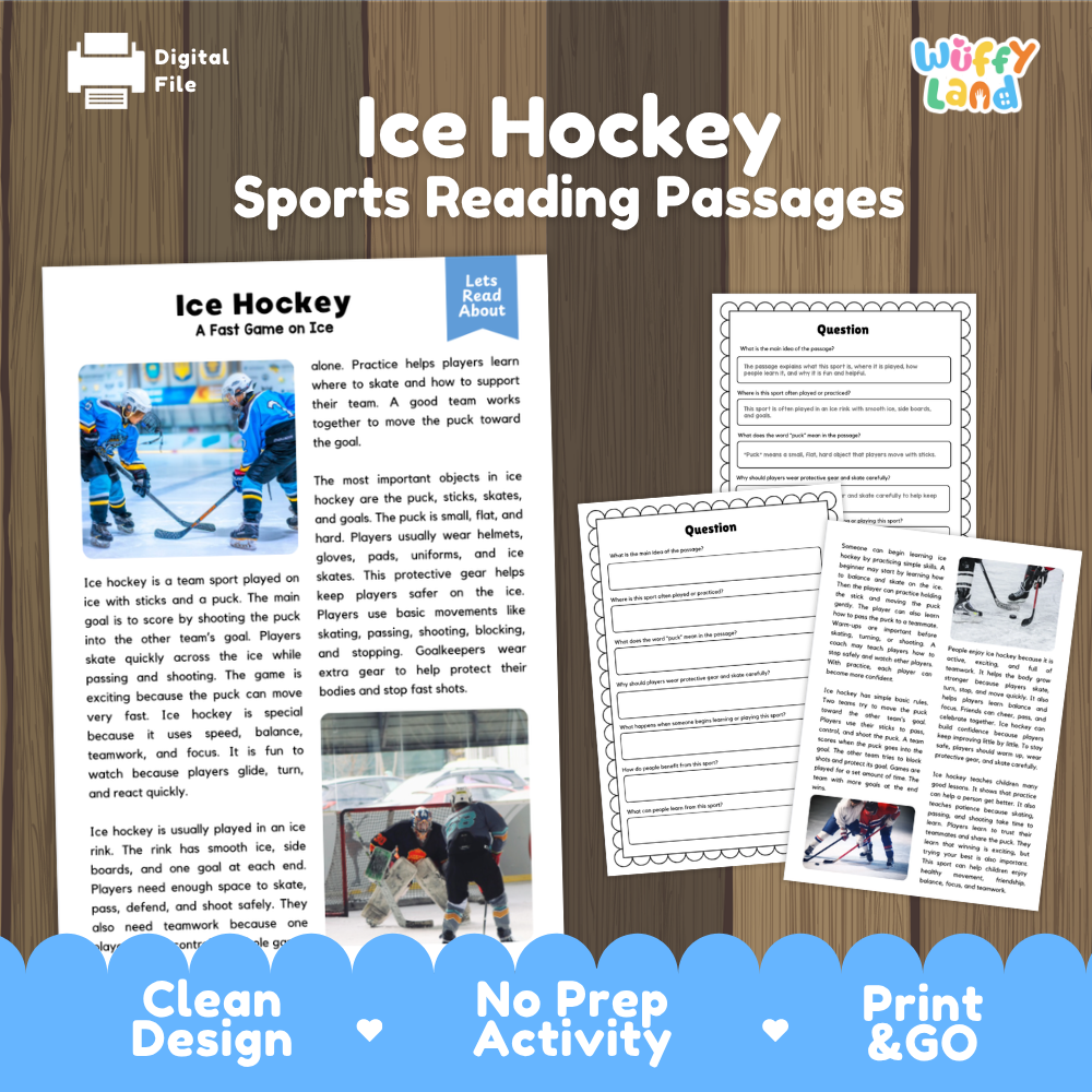 Ice Hockey Sports Reading Passages and Comprehension Questions Worksheets