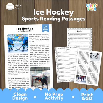 Ice Hockey Sports Reading Passages and Comprehension Questions Worksheets