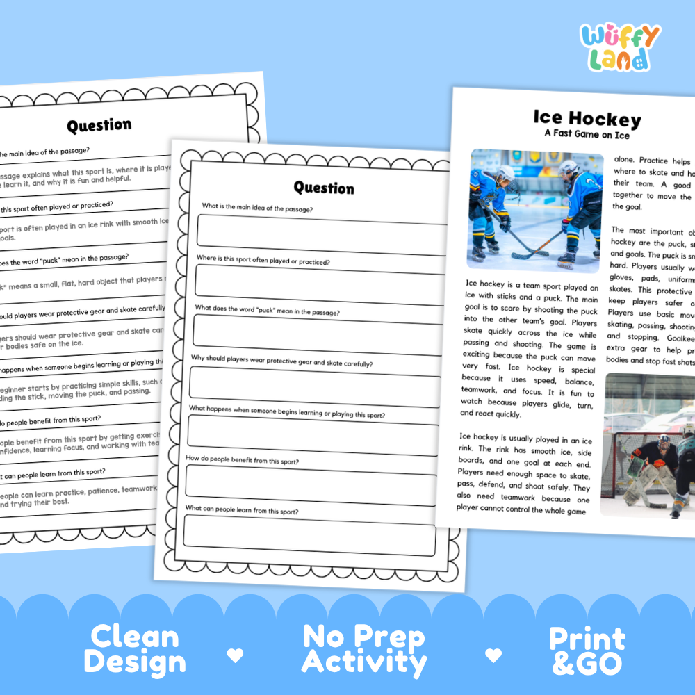 Ice Hockey Sports Reading Passages and Comprehension Questions Worksheets