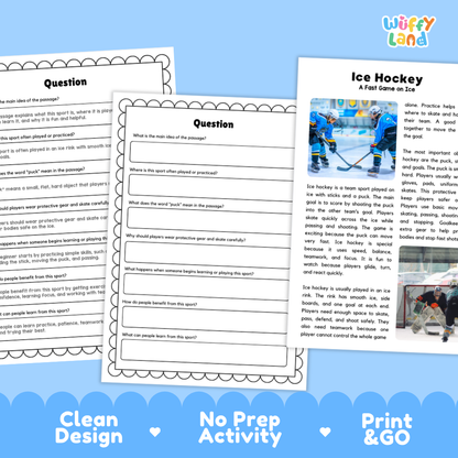 Ice Hockey Sports Reading Passages and Comprehension Questions Worksheets