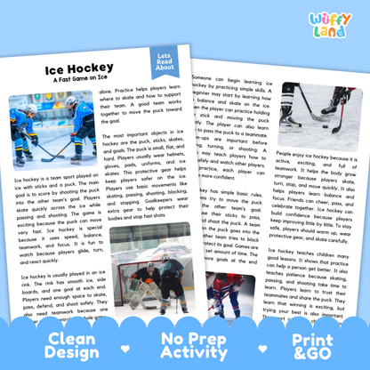Two printed educational activity sheets about ice hockey on a white background with decorative blue banners. The sheets show text such as 'Ice Hockey: A Fast Game on the Ice' and include small hockey photos.