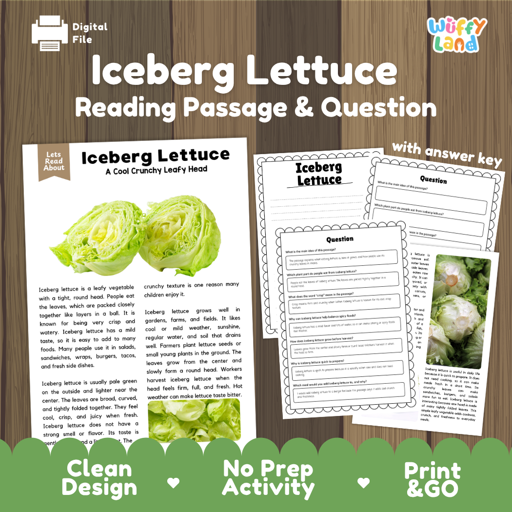 Iceberg lettuce reading comprehension passage and questions printable activity pack with answer key for elementary students