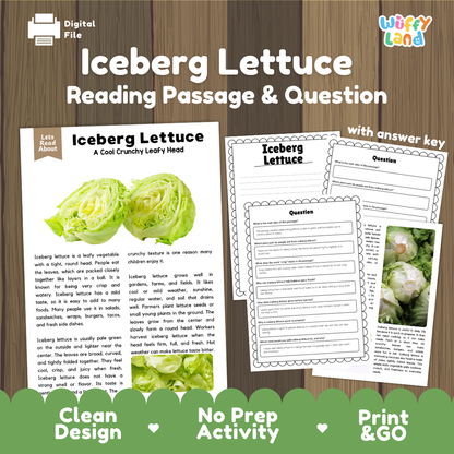 Iceberg lettuce reading comprehension passage and questions printable activity pack with answer key for elementary students