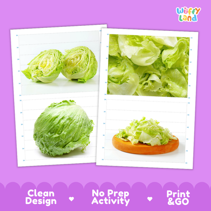 Printable activity sheets featuring photographic iceberg lettuce puzzle boards and cutting guides