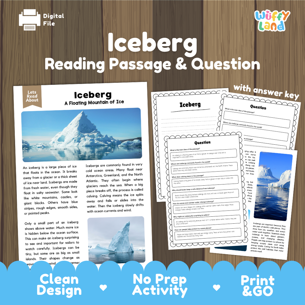 Iceberg reading comprehension passage and questions printable activity pack with answer key for elementary students