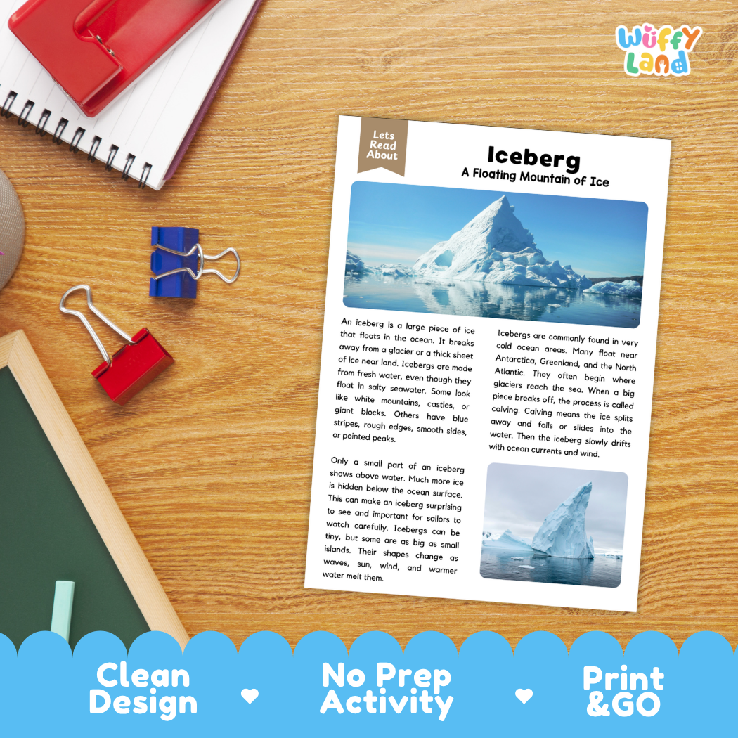 Student reading comprehension worksheet with short-answer questions and handwriting lines about icebergs