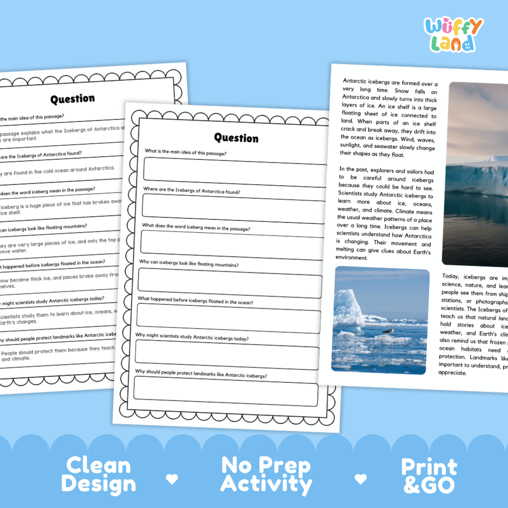 Student reading passage titled Floating Ice Giants in the Ocean detailing Antarctic icebergs glaciers ice shelves and polar landscape photography