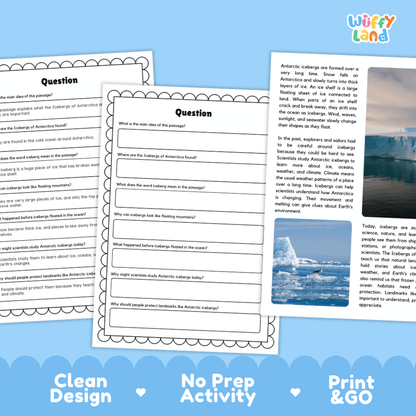 Student reading passage titled Floating Ice Giants in the Ocean detailing Antarctic icebergs glaciers ice shelves and polar landscape photography
