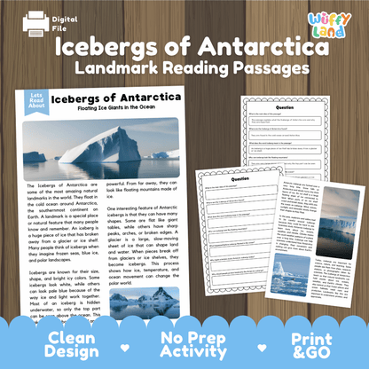 Icebergs of Antarctica landmark reading passages educational study unit featuring nonfiction reading worksheets and authentic Antarctic iceberg ocean photography