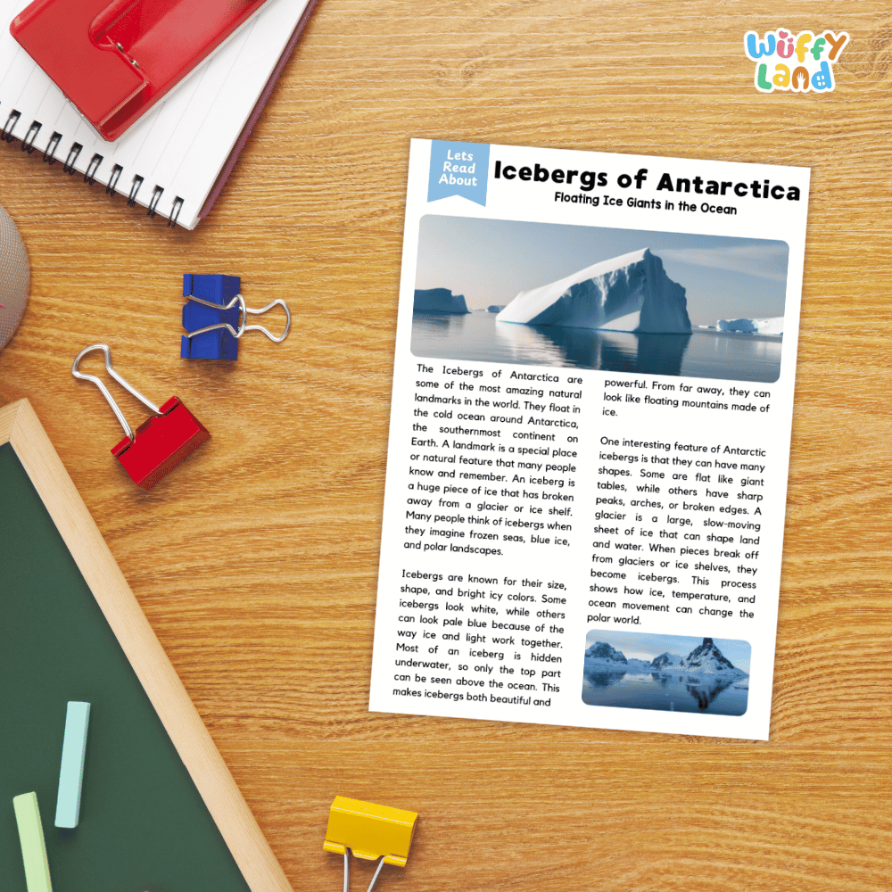 Lined reading comprehension question worksheet covering main ideas vocabulary terms and landmark facts about Antarctic icebergs