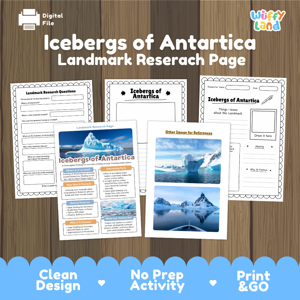 Digital worksheet bundle cover for 'Icebergs of Antarctica Landmark Research Page' by Wiffy Land, shown on a wood background with sample pages and a blue banner reading 'Clean Design', 'No Prep Activity', and 'Print & GO'.