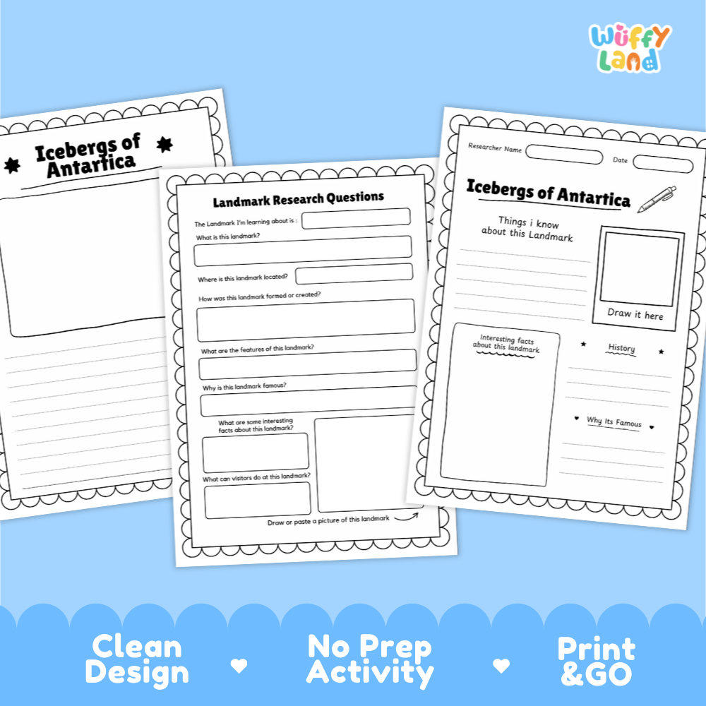 Three printable worksheet pages for 'Icebergs of Antarctica' shown on a light blue background with decorative text at the bottom. The sheets include writing prompts, labeled sections, and drawing areas.