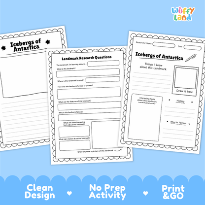 Three printable worksheet pages for 'Icebergs of Antarctica' shown on a light blue background with decorative text at the bottom. The sheets include writing prompts, labeled sections, and drawing areas.