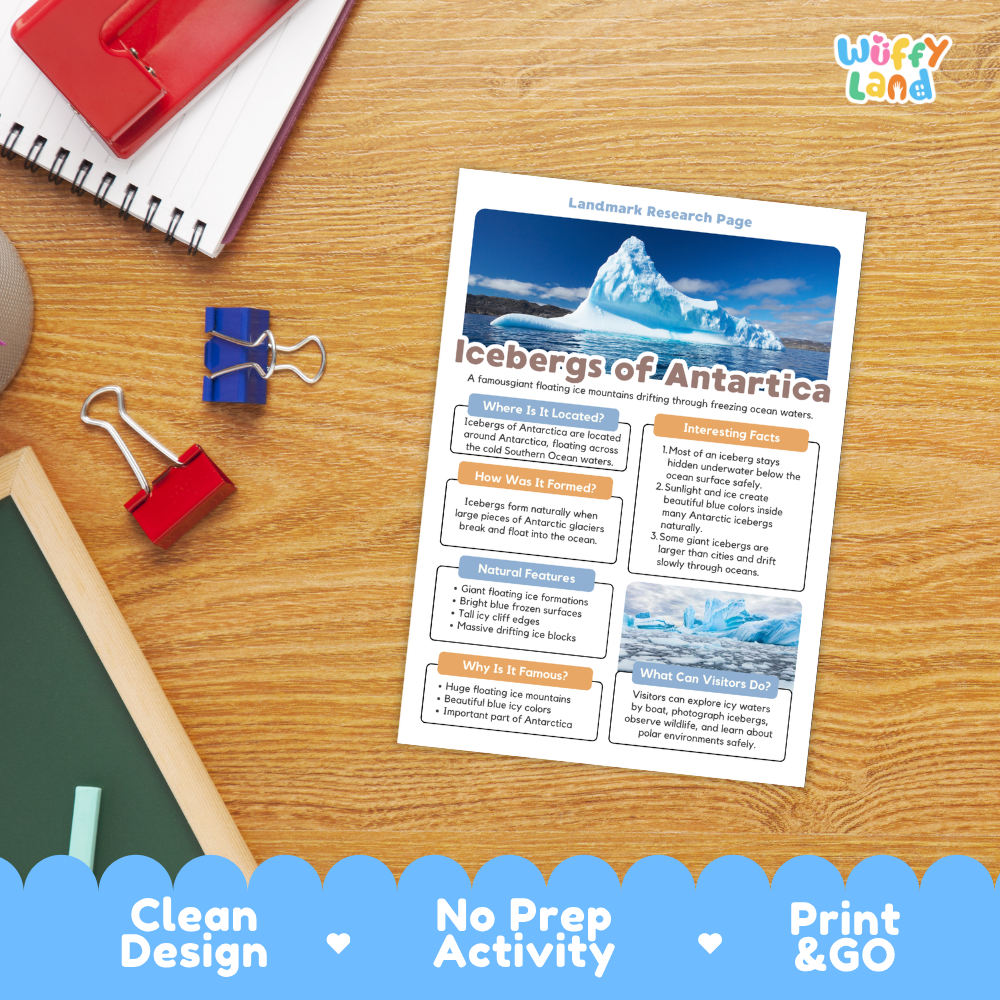 An educational activity sheet titled 'Icebergs of Antarctica' displayed on a wooden desk with school supplies. The sheet features a blue and white iceberg photo and text boxes about Antarctica.